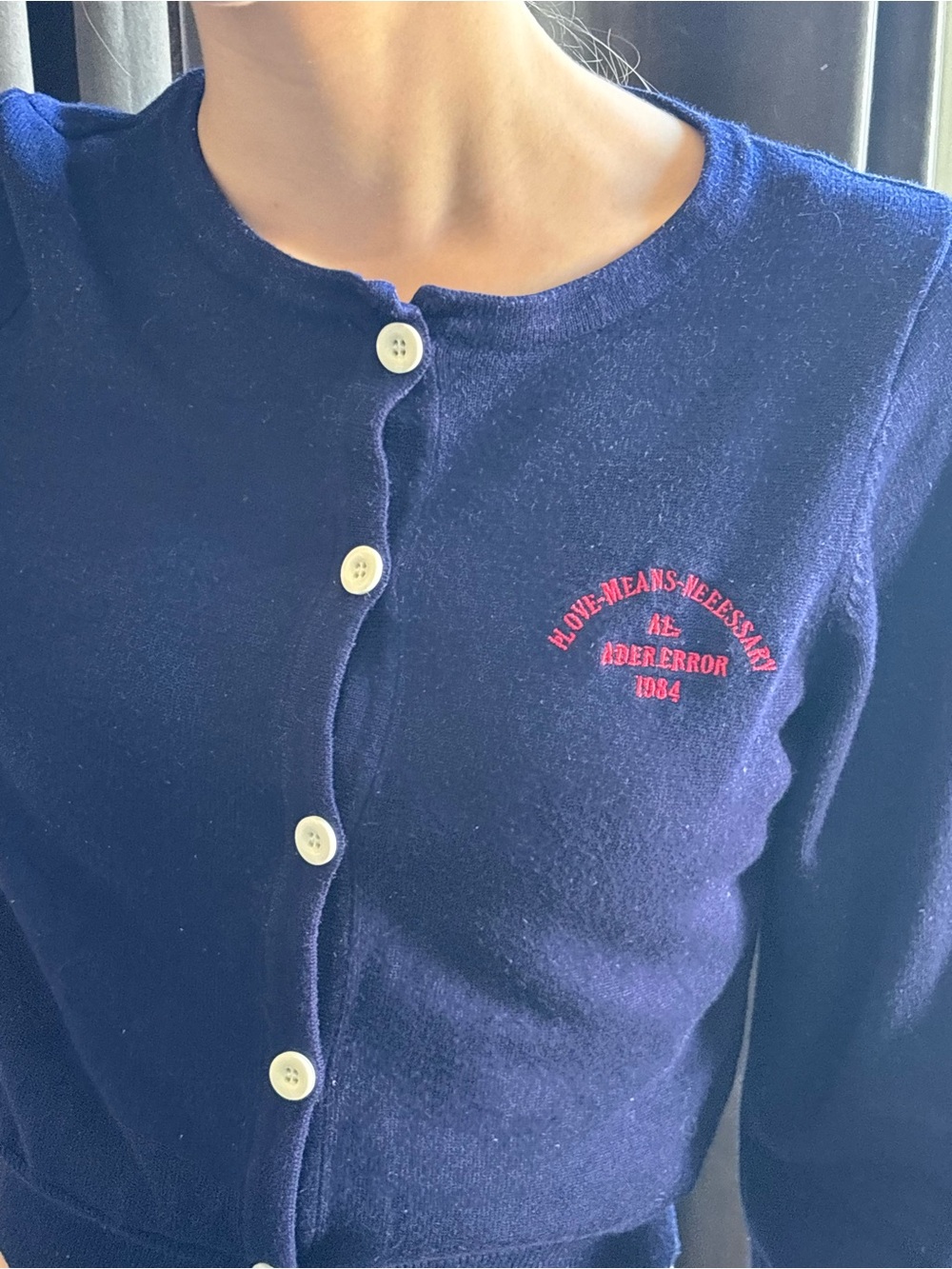 Ader Error Cropped Cardigan
Navy with Red Embroidery 
XS